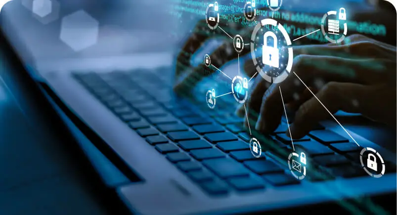 Hands typing on a laptop keyboard, surrounded by digital security symbols and a central lock symbol