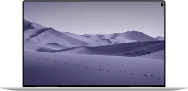 Laptop with desert landscape on the screen and sand dunes in the foreground.